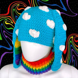 Turquoise, White and Rainbow Striped Kawaii Crochet Bunny / Rabbit Ear Balaclava by VelvetVolcano