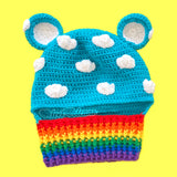 Kawaii Turquoise Crochet Bear Balaclava with White Cloud Details, Round Bear Ears and a Rainbow Striped Ribbed Neck Section by VelvetVolcano
