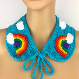 Bright Rainbow Cloud Collar - Detachable Turquoise Crochet Kawaii Peter Pan Collar with Neck Tie by VelvetVolcano