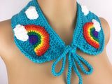 Bright Rainbow Cloud Collar - Colourful Detachable Turquoise Crochet Kawaii Peter Pan Collar with Neck Tie by VelvetVolcano