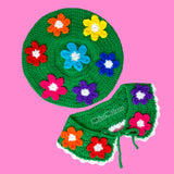 Emerald Green crocheted beret and Peter Pan collar with rainbow daisy design by VelvetVolcano