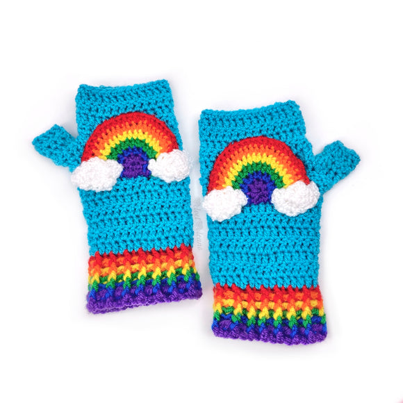 Turquoise crocheted fingerless gloves with a rainbow appliqué with white clouds at both ends on the front of the gloves and rainbow striped cuffs by VelvetVolcano