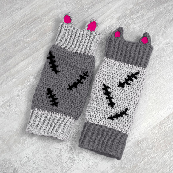 VelvetVolcano CorpseKitty Leg Warmers - Grey, Black & Hot Pink Frankenstein & Zombie Inspired Crochet Legwarmers with cat ear detail