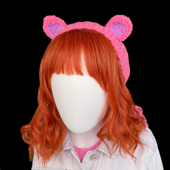 Bubblegum Pink and Lilac Crocheted Cat Ear Headband - Kawaii Pastel Kitty Ears Hair Band by VelvetVolcano