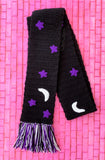 Chunky Celestial Scarf - Black crochet scarf with white crescent moon & violet stars pattern with white, black and violet tassels by VelvetVolcano