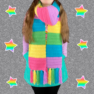 Chunky Pastel Rainbow Striped Scarf - Kawaii Fairy Kei Style Crocheted Scarf with Tassels by VelvetVolcano