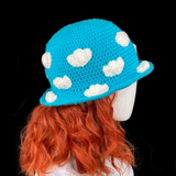 Turquoise and White Cloud Bucket Hat - Kawaii Crocheted Sky Sun Hat by VelvetVolcano