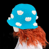 Turquoise and White Cloud Bucket Hat - Kawaii Crocheted Sky Sun Hat by VelvetVolcano