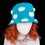 Turquoise and White Cloud Bucket Hat - Kawaii Crocheted Sky Festival Hat by VelvetVolcano