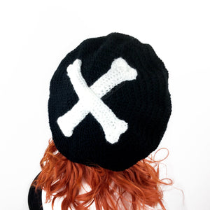 Black & White Crossbones Beret - Custom Colour Crochet Spooky Skeleton Bone Hat by VelvetVolcano