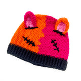 Half orange, half hot pink crochet beanie with cat ears and a black ribbed brim, designed to look like a Frankenstein's Monster Kitty. Custom Colour FrankenKitty Beanie by VelvetVolcano