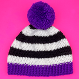 Violet Purple, Black and White Striped Crocheted Pom Pom Beanie, Stripey Bobble Hat by VelvetVolcano