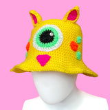 Cyclops Crocheted Bucket Hat in Yellow, Neon Green, Neon Orange and Neon Pink by VelvetVolcano