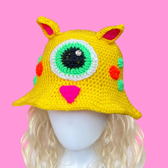 Cyclops Kitty Crocheted Bucket Hat in Yellow, Neon Green, Neon Orange and Neon Pink by VelvetVolcano