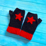 Custom Colour Crochet Star Fingerless Gloves in Black and Red by VelvetVolcano