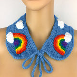 Bright Rainbow Cloud Peter Pan Style Crochet Collar with Dolphin Blue Sky Colour by VelvetVolcano
