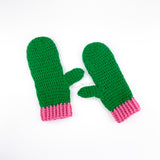 Green crochet mittens with bubblegum pink cuffs by VelvetVolcano