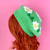 Daisy Chain Beret - Kawaii Cottagecore inspired light green crocheted beret with daisy chain design by VelvetVolcano