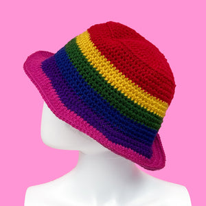 Dark Rainbow Bucket Hat - Muted Rainbow Striped Unisex Teen & Adult Crochet Sun Hat by VelvetVolcano