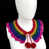 Dark Rainbow Crochet Collar with Pom Pom Tie Fastening - Lacy Chevron Style Detachable Peter Pan Collar in Burgundy, Mustard Yellow, Forest Green, Navy Blue, Aubergine Purple and Raspberry Pink by VelvetVolcano