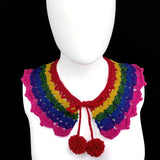 Dark Rainbow Crochet Collar with Pom Pom Tie Fastening - Lacy Chevron Style Detachable Peter Pan Collar in Burgundy, Mustard Yellow, Forest Green, Navy Blue, Aubergine Purple and Raspberry Pink by VelvetVolcano