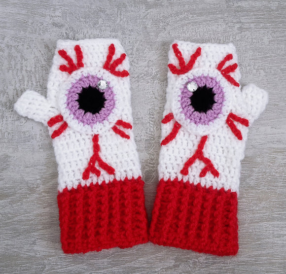 Eye See You Fingerless Gloves - White Fingerless Gloves with Red Cuffs, Eyeball and Blood Shot / Vessels design by VelvetVolcano