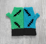 FrankenKitty Fingerless Gloves - Neon Green, Turquoise, Black & Neon Pink Frankensteins Monster Inspired Cat Paw Gloves