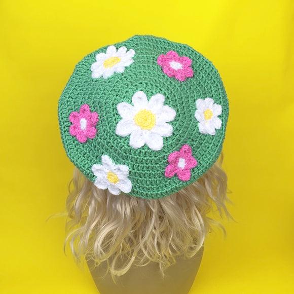 Pastel Green, Pink, White and Yellow Floral Pattern Crochet Beret. Flower Power Beret by VelvetVolcano