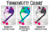 VelvetVolcano FrankenKitty Colour Combinations for FrankenKitty Crochet Collection including NecroKitty (Lilac, Violet & Cerise Pink), FrankenKitty (Neon Green, Turquoise and Neon Pink) and CorpseKitty (Storm Grey, Slate Grey and Cerise Pink)