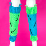 Frankenstein's Monster inspired Neon Green, Turquoise, Neon Pink and Black crochet leg warmers with contrasting design, cat ear and black stitch details. VelvetVolcano FrankenKitty Leg Warmers