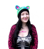 FrankenKitty Beanie - Neon Green, Turquoise, Neon Pink & Black Kitty Ear Hat - Spooky Frankensteins Monster Inspired Cat Hat by VelvetVolcano