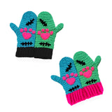 FrankenKitty Mittens by VelvetVolcano. One mitten is Turquoise and the other is Neon Green and they feature either Neon Pink or Black cuffs, black embroidered stitch designs and neon pink heart shaped paw prints.