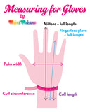 Measuring for gloves graphic by VelvetVolcano. The image shows an illustration of a hand with a tape measure wrapped around the wrist and arrows on the hand showing the measurements for the palm width, the full length of mittens and the full length of fingerless gloves.