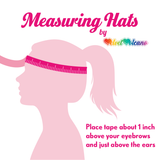 Measuring Hats graphic by VelvetVolcano. Text says: Place tape about 1 inch above your eyebrows and just above the ears.