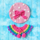 Baby Pink crocheted beret with White polka dots and a large Bubblegum Pink bow in the centre and a pastel rainbow striped lace look collar with pom pom ties by VelvetVolcano