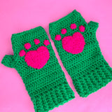 Kitty Paw Fingerless Gloves - Emerald Green Crochet Hand Warmers with Cerise / Hot Pink Heart Shaped Cat Paws by VelvetVolcano