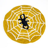 Mustard yellow crochet beret with white cobweb and black spider design. Spider Web Beret (Custom Colour) by VelvetVolcano
