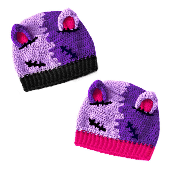 Half lilac and half violet zombie and Frankenstein's Monster inspired cat ear crochet beanie - NecroKitty Beanie by VelvetVolcano