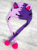 FrankenKitty / NecroKitty Purple Pom Pom Ear Flap Beanie - Lilac, Violet, Hot Pink & Black Frankensteins Monster / Zombie Inspired Cat Hat by VelvetVolcano