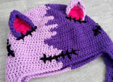 FrankenKitty / NecroKitty Purple Pom Pom Ear Flap Beanie - Lilac, Violet, Hot Pink & Black Frankensteins Monster / Zombie Inspired Cat Hat by VelvetVolcano