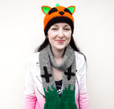 Orange, Black and Neon Green Crochet Jack O' Lantern Cat Ear Halloween Inspired Hat. Pumpkin Kitty Beanie by VelvetVolcano