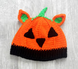 Orange, Black and Neon Green Crochet Jack O' Lantern Cat Ear Halloween Inspired Hat. Pumpkin Kitty Beanie by VelvetVolcano
