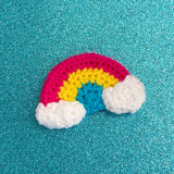 Cerise (Hot Pink), Yellow and Turquoise Crochet Rainbow Clip with White Clouds at the ends. Pansexual Pride Rainbow Cloud Hair Clip by VelvetVolcano
