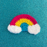 Cerise (Hot Pink), Yellow and Turquoise Crochet Rainbow Clip with White Clouds at the ends. Pansexual Pride Rainbow Cloud Hair Clip by VelvetVolcano