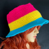 Pansexual Flag Striped Bucket Hat - Pan Pride Hot Pink, Yellow & Turquoise Striped Crochet Summer Sun Hat by VelvetVolcano