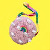 Kawaii Baby Pink Crocheted Crossbody Bag with Pastel Rainbow Strap and White Cloud and Pastel Rainbow Motif by VelvetVolcano