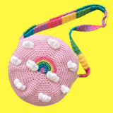 Kawaii Baby Pink Crocheted Crossbody Bag with Pastel Rainbow Strap and White Cloud and Pastel Rainbow Motif by VelvetVolcano