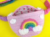 Pastel Rainbow Cloud Bum Bag - Baby Pink Crochet Fairy Kei Cross Body Waist Belt Bag / Fanny Pack with Sky Design by VelvetVolcano