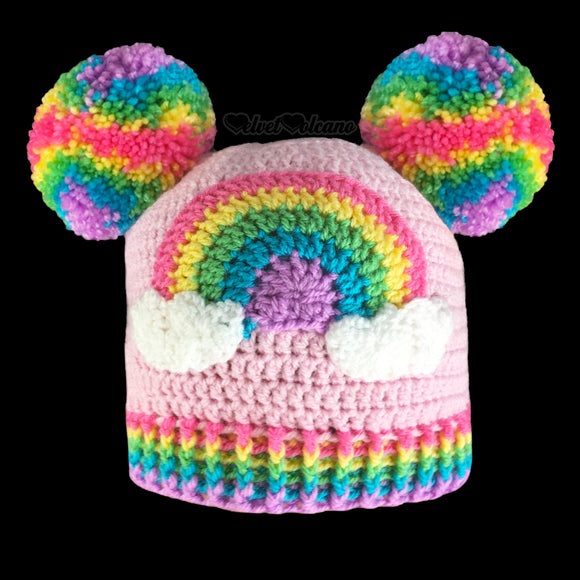 Pastel Rainbow Cloud Double Pom Pom Beanie - Kawaii Baby Pink Bobble Hat with Rainbow Motif by VelvetVolcano