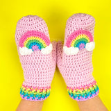 Pastel Rainbow Cloud Mittens - Baby Pink Crocheted Hand Warmers with Pastel Rainbow Striped Cuffs and Pastel Rainbow Motifs with White Clouds by VelvetVolcano